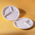 Plain 3 Compartment Round Bagasse Plates, Color : White Standard