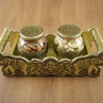 Decorative Golden Brass Mukhwas Tray with 2 Glass Jar