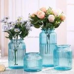 Jar Shaped Printed Polished Glass Flower Vases, For Restaurant Decor, Hotel Decor, Home Decor, Color : Blue