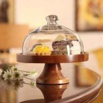 Plain Matte Finish Wooden Cake Stand with Glass Dome, Shape : Round